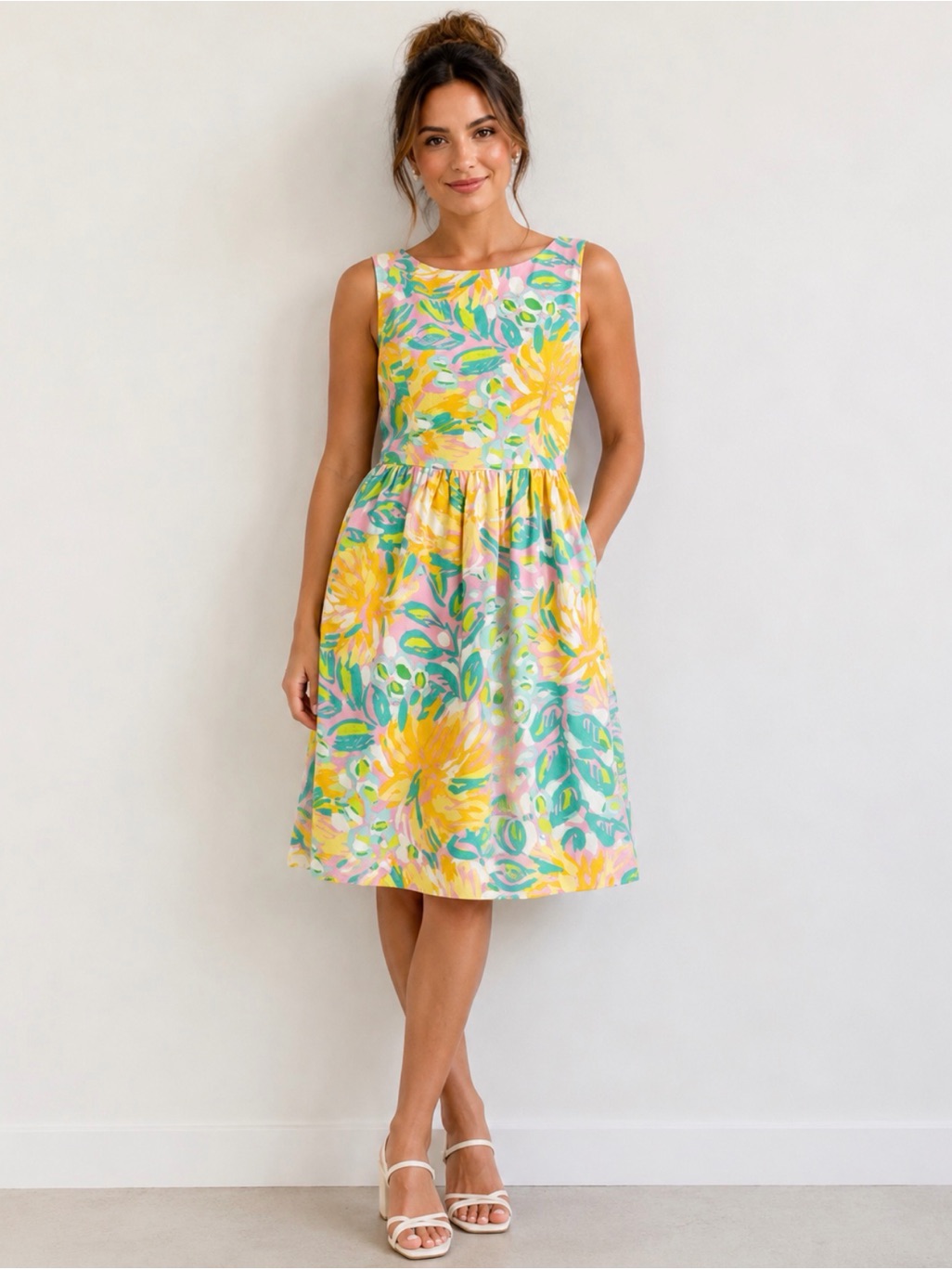Lilly Pulitzer Sleeveless Fit & Flare Dress Size 10 Floral Pink Yellow Green